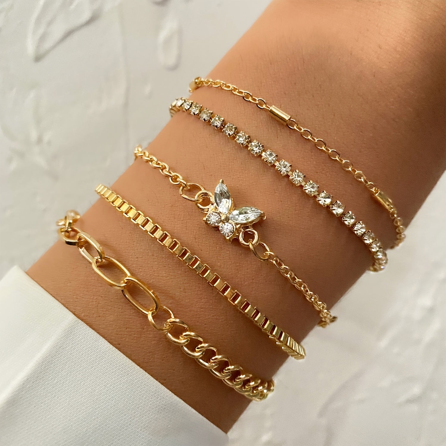 Golden Chain Butterfly Rhinestone Bracelet Set
