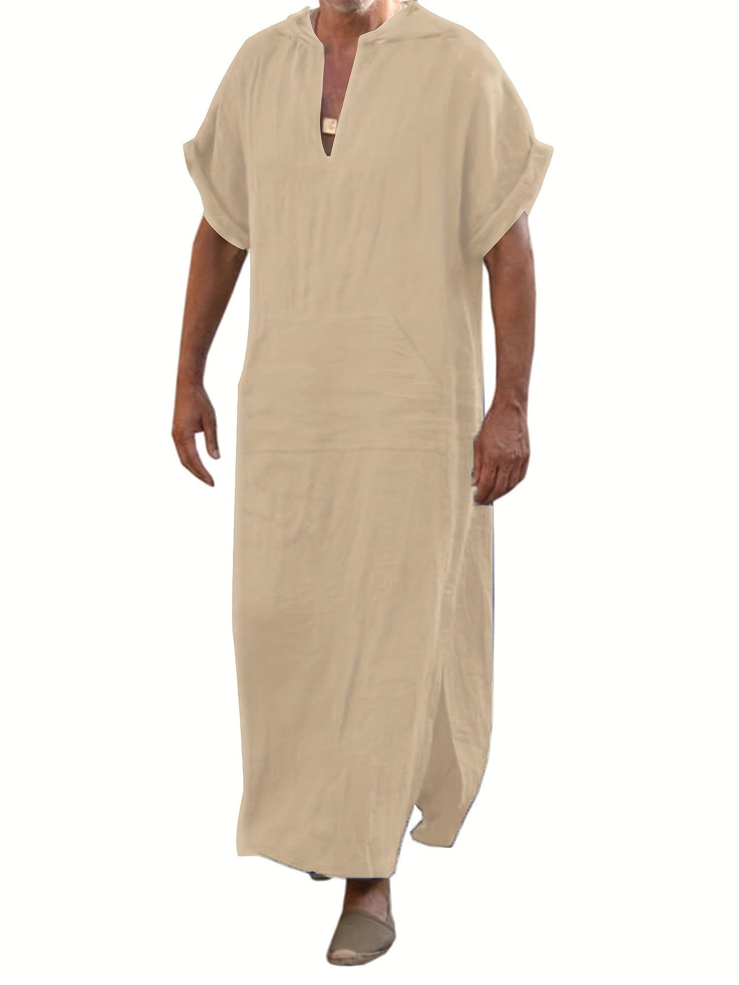 Vintage Islamic Arabic Kaftan For Men Short Sleeve Hooded V Neck Muslim Clothes