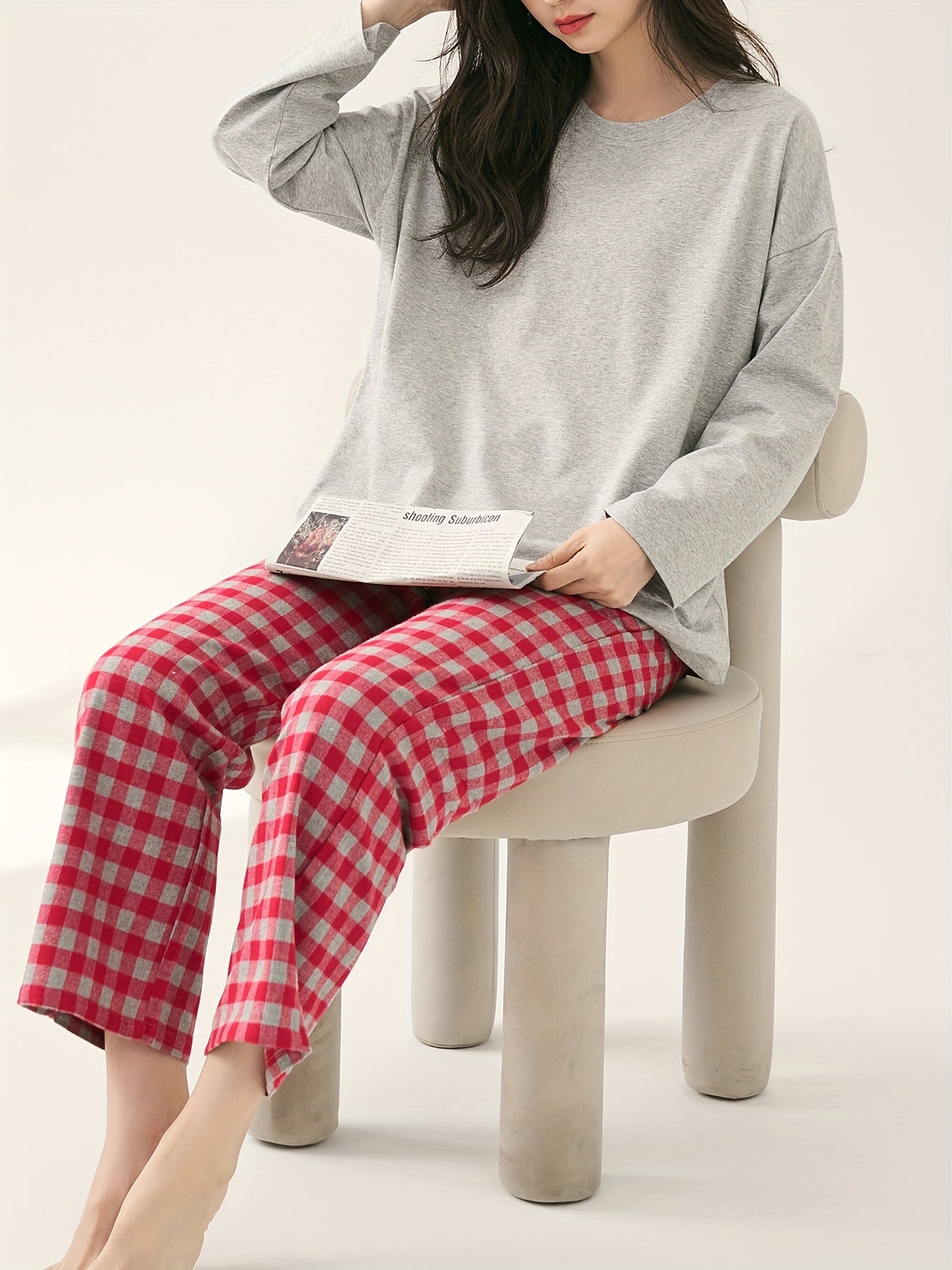 Cozy Pajama Set: Crew Neck Top & Plaid Pants