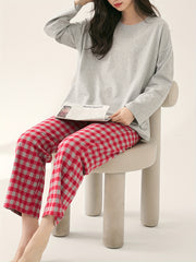 Cozy Pajama Set: Crew Neck Top & Plaid Pants