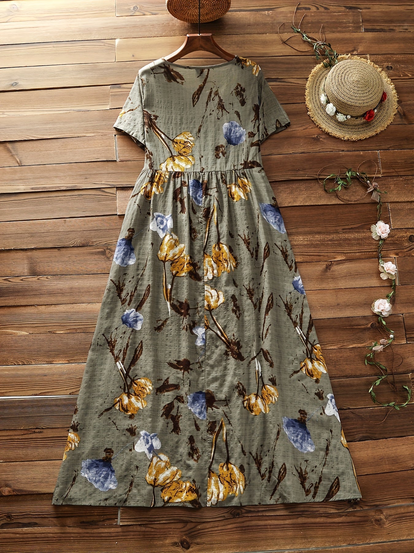  Floral Print V-Neck High Waist Dress