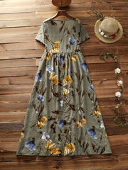  Floral Print V-Neck High Waist Dress