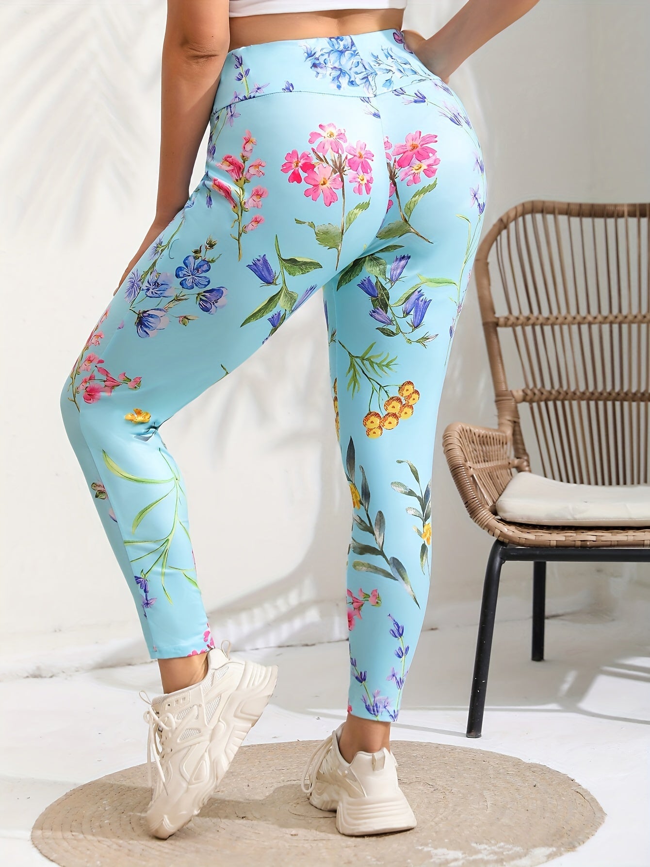  Casual Leggings Women's Plus Floral Print High Rise Leggings