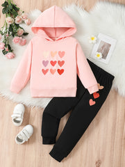 Girl's Heart Print Hoodie and Sweatpants Set Spring Fall Clothes