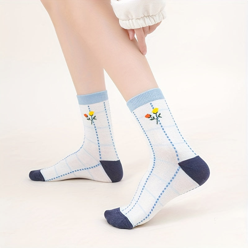 5 Pairs Floral Print Socks Comfy & Breathable Mid Tube Socks