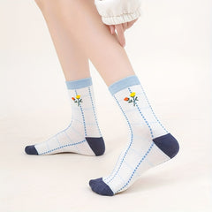 5 Pairs Floral Print Socks Comfy & Breathable Mid Tube Socks