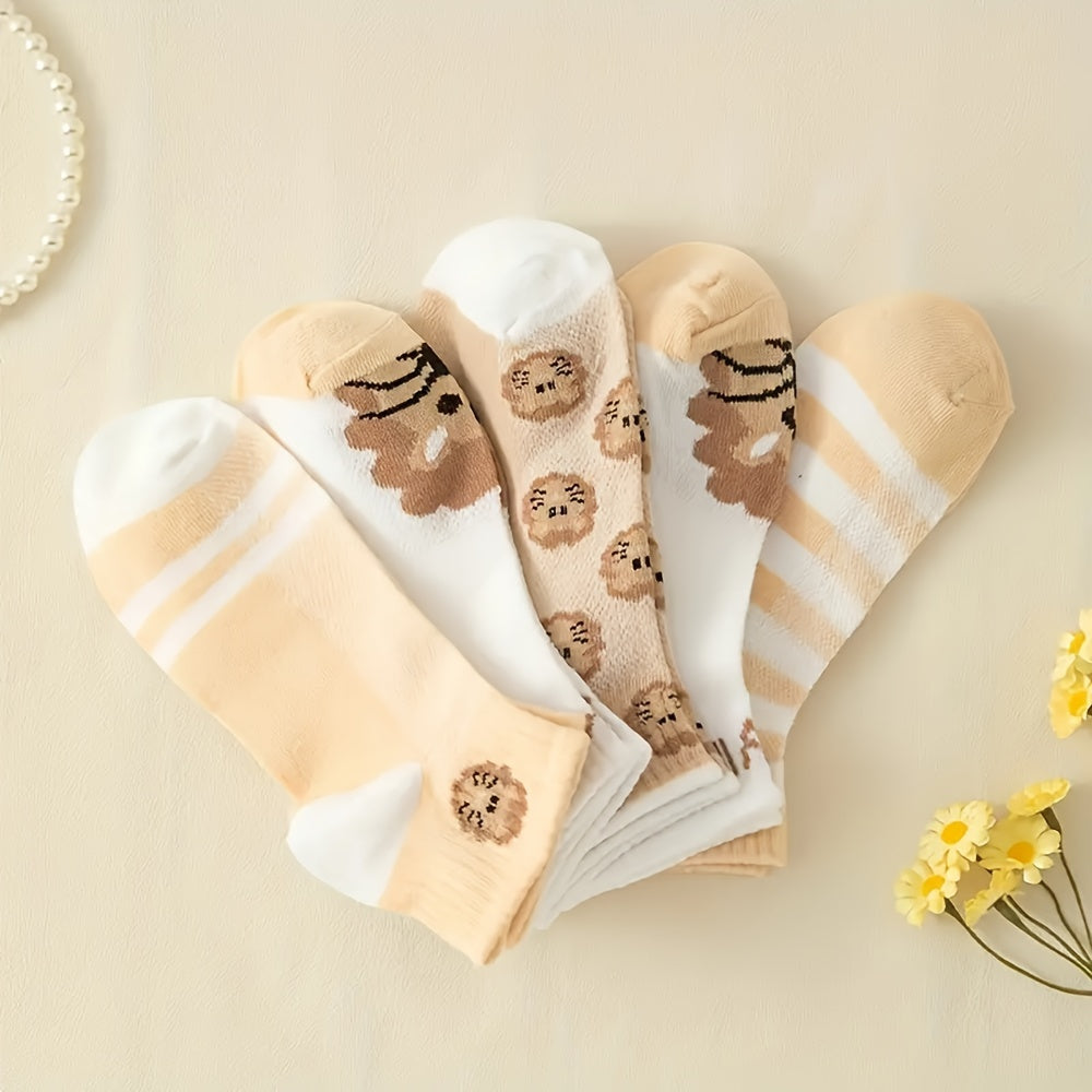 5 Pairs Lion Print Ankle Socks Soft Lightweight Women's Stockings