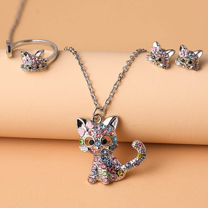 Colorful Rhinestone Cat Jewelry Set - Pendant Necklace & Earrings & Ring