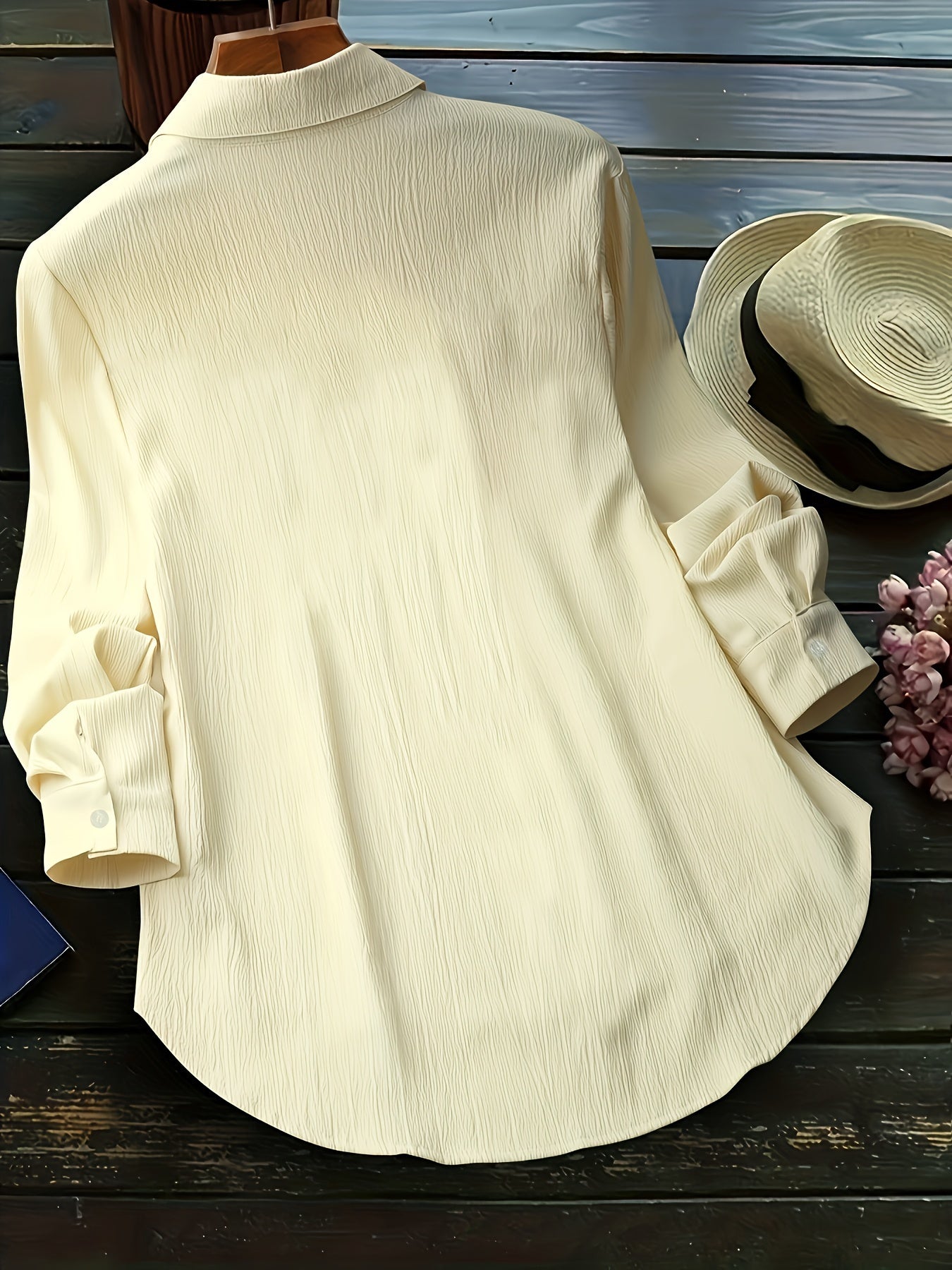  Casual Blouse Women's Solid Crinkle Button Up Long Sleeve Blouse