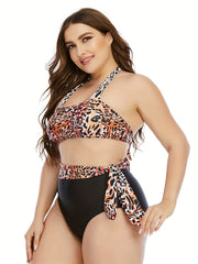 Leopard Print Belted Top & Panty Swimsuit Set
