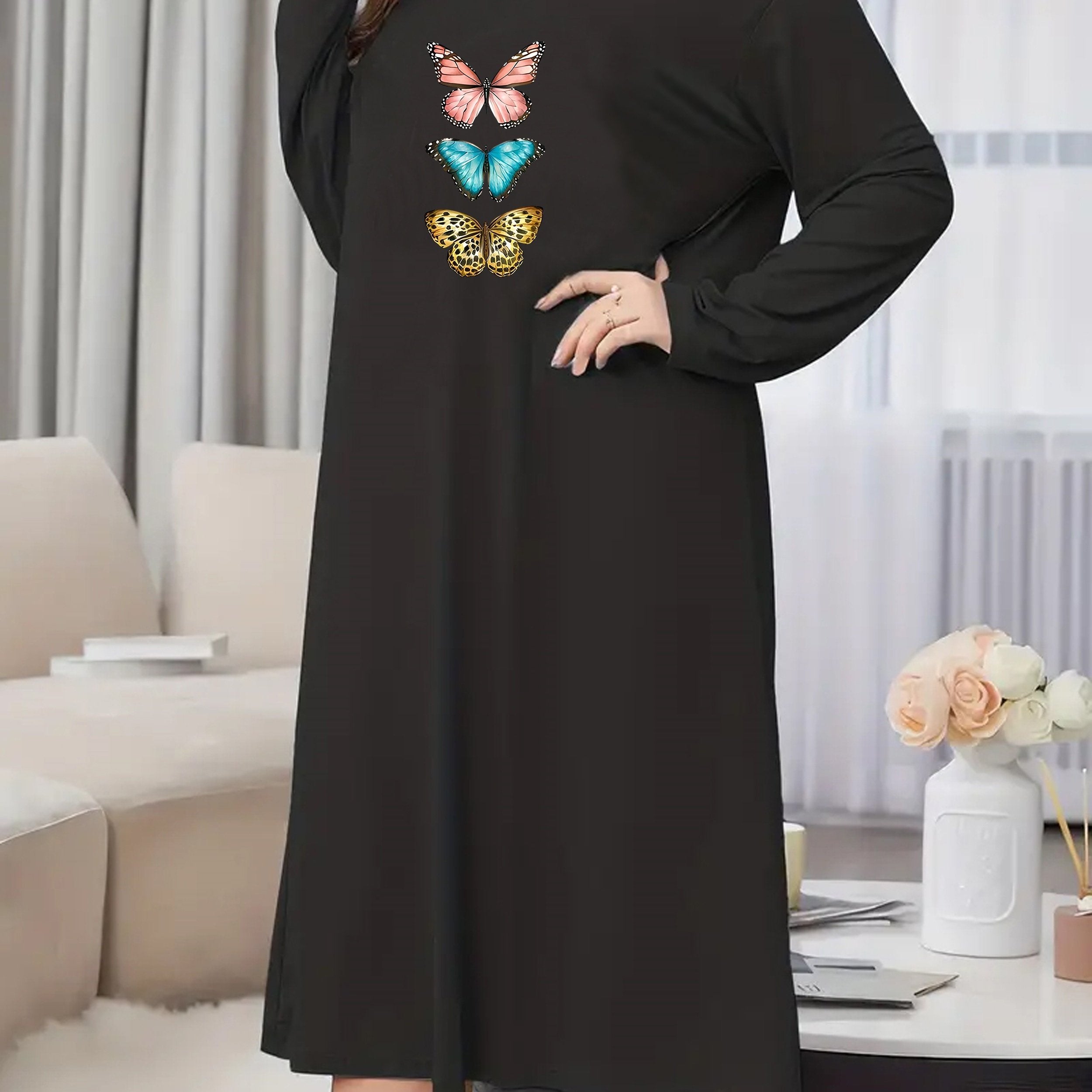  Butterfly Print Long Sleeve Nightdress