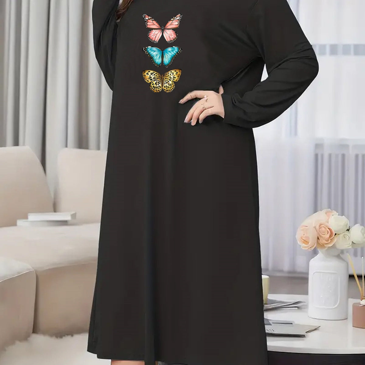  Butterfly Print Long Sleeve Nightdress