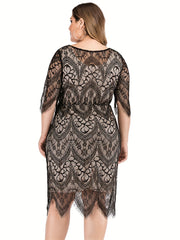  Women's Lace Floral Trim Half Sleeve Midi Dress