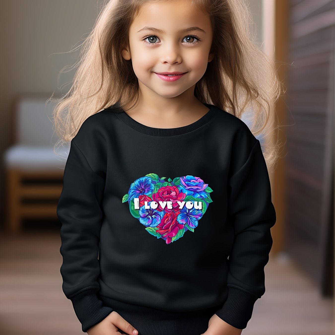 Girls Heart Pattern Crew Neck Sweatshirt For Spring Fall
