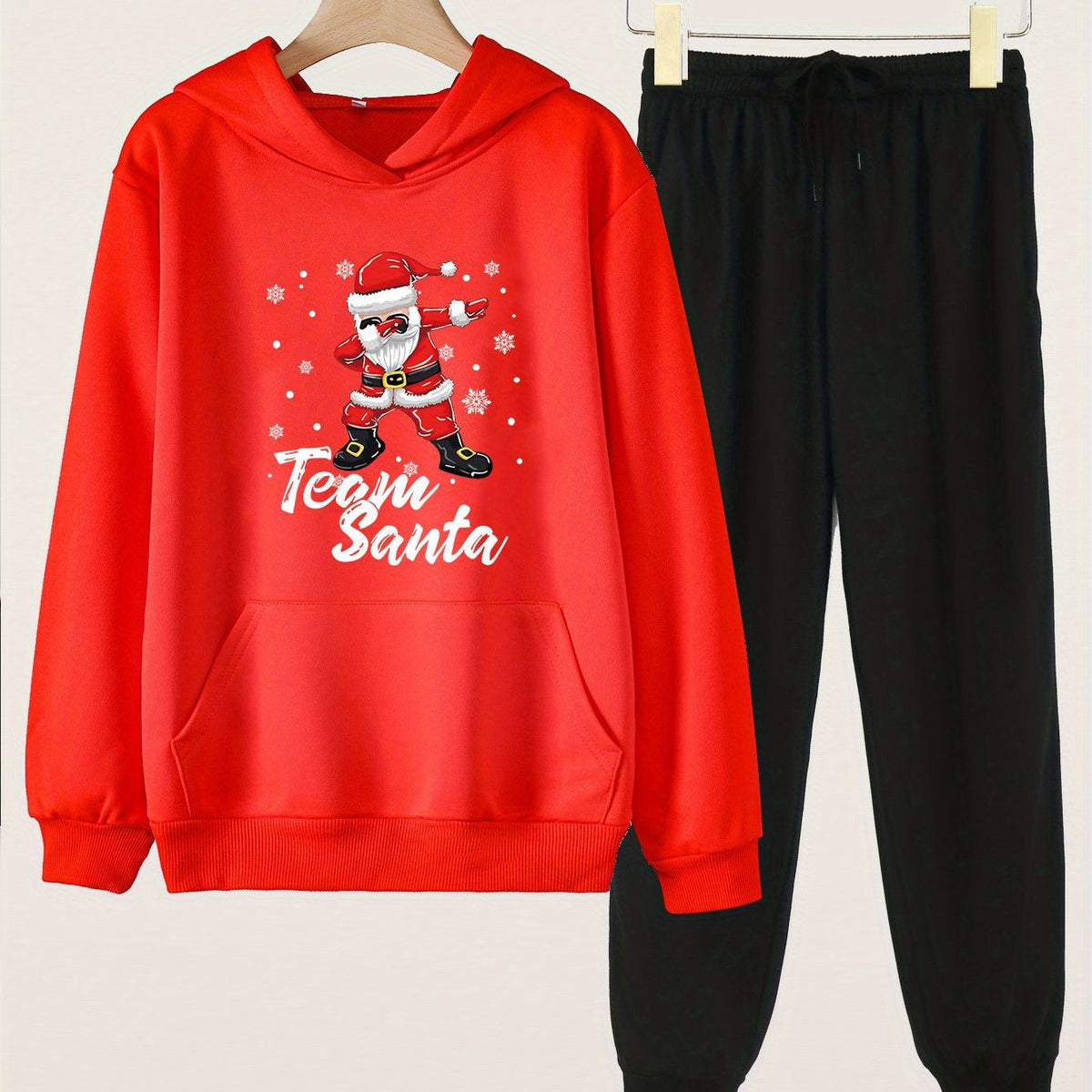 2pcs Santa In The Snow Print Hoodies With Pocket Jogger Pants Set