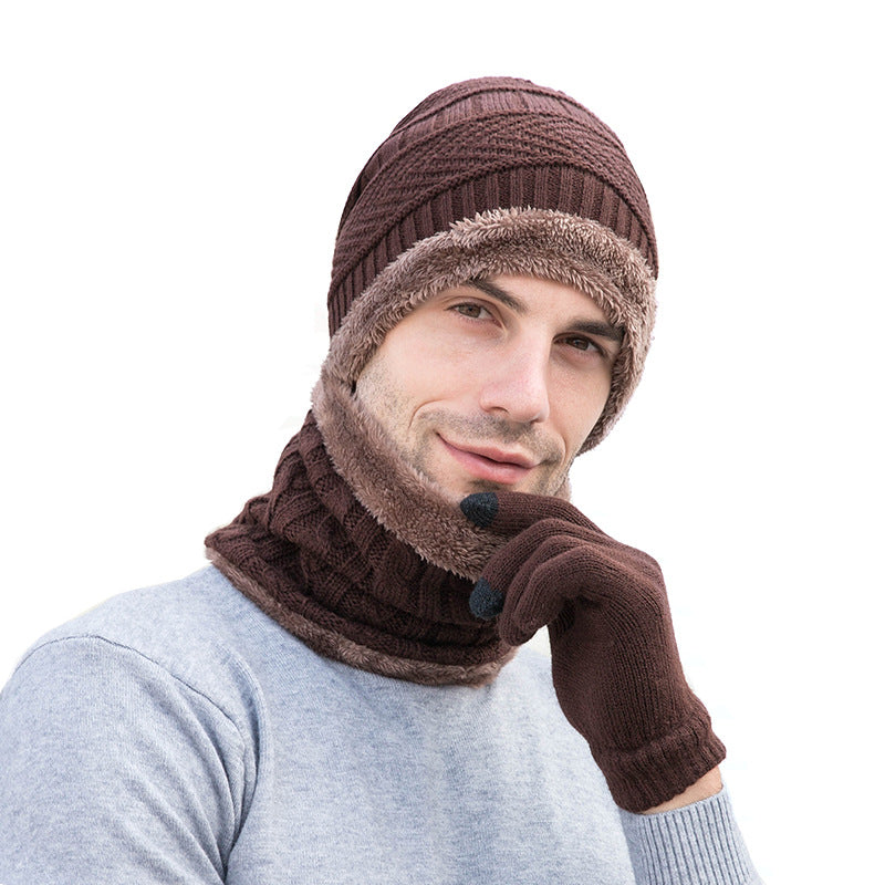 3pcs Casual Fleece Knitted Men's Outdoor Warm Hat Halter Gloves