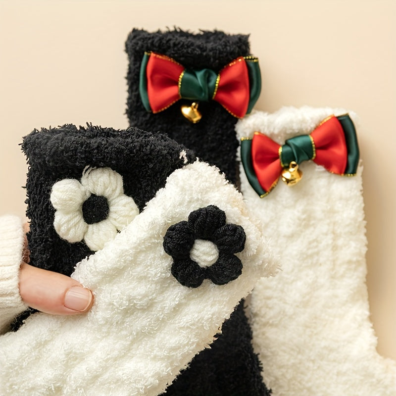 4 Pairs Floral & Bow Decor Socks Comfy & Fuzzy Floor Socks Women's Stockings