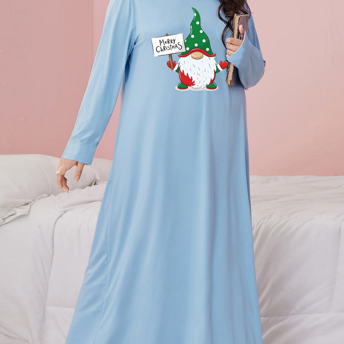  Polka Dot Gnome Print Nightdress Long Sleeve Round Neck Loose Fit Slee