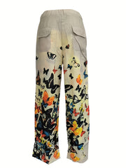 Men's Butterfly Pattern Straight Leg Pants Elastic Waist Beach Trousers