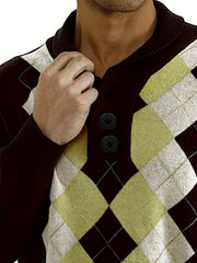 Retro Argyle Sweater Men's Casual Warm Shawl Collar Pullover