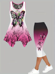 Butterflies Print 2 Pieces Set Sleeveless Tops & Leggings Set