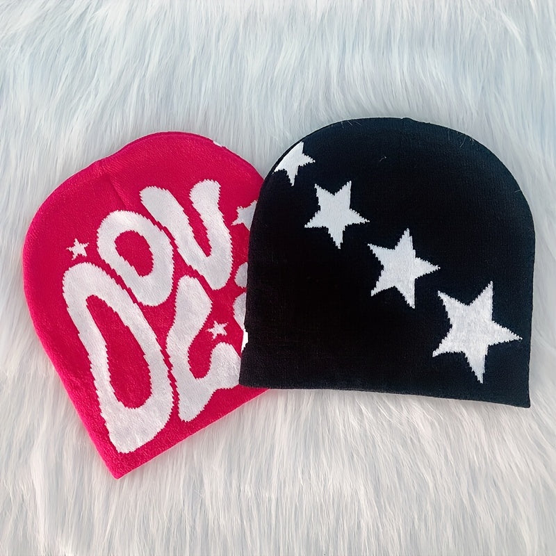 Y2K Knitted Beanie Hip Hop Letter Jacquard Warm Skull Cap