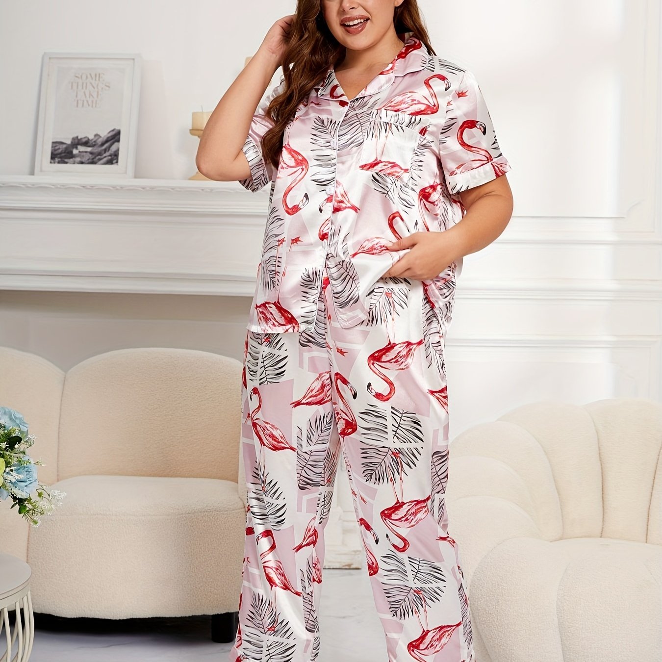  Flamingo & Leaf Print Satin Pajamas Set