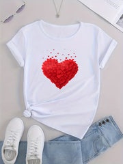 Women's Red Heart Graphic Casual T Shirt with Round Neck