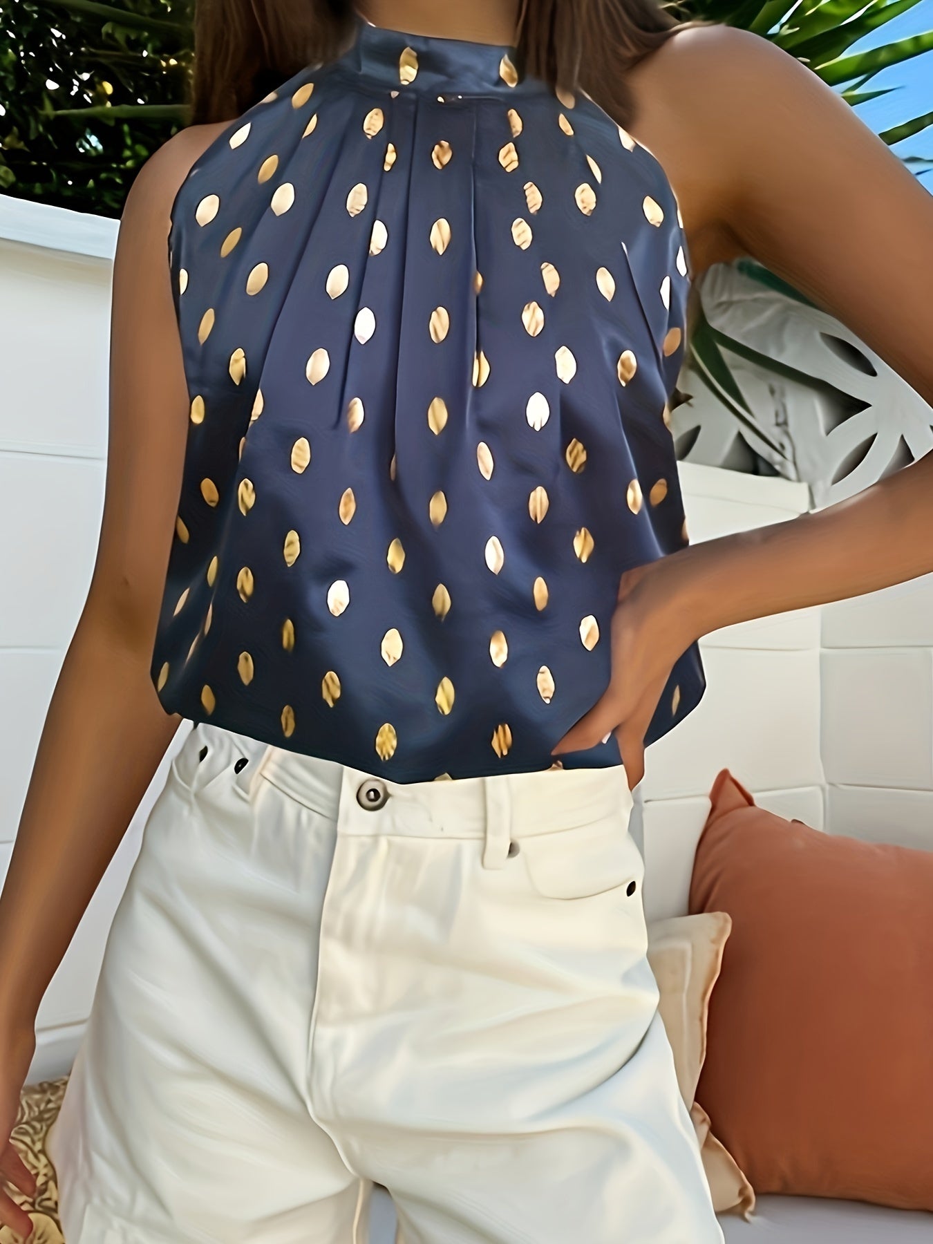 Polka Dot Print Ruched Halter Top Sleeveless Summer Top