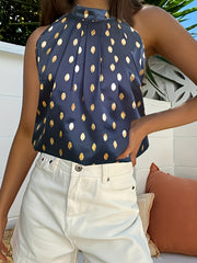 Polka Dot Print Ruched Halter Top Sleeveless Summer Top
