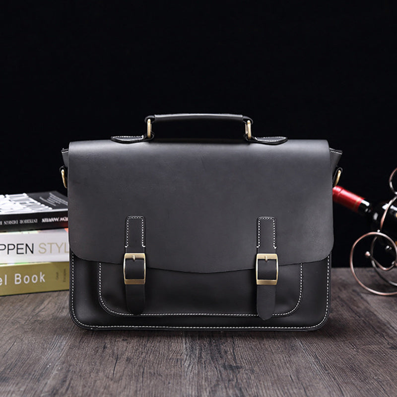 Business PU Leather Briefcase Men's Shoulder Messenger Bag Horizontal Retro
