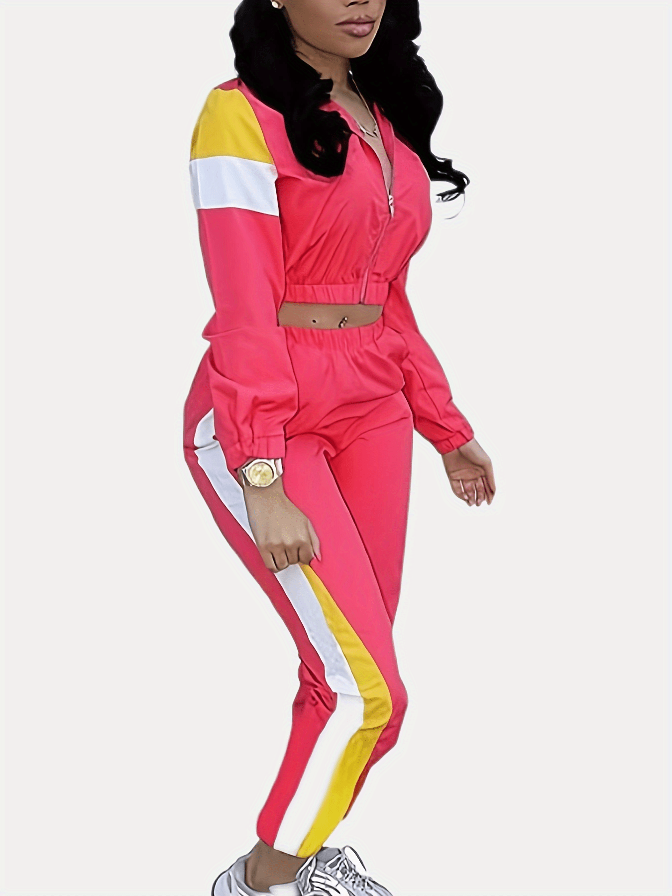  Colorblock Zipper Crop Coat & Jogger Pants Set