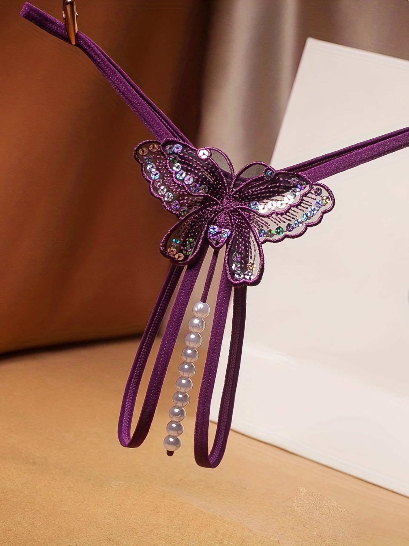 Butterfly Embroidery Thongs with Faux Pearl Panties