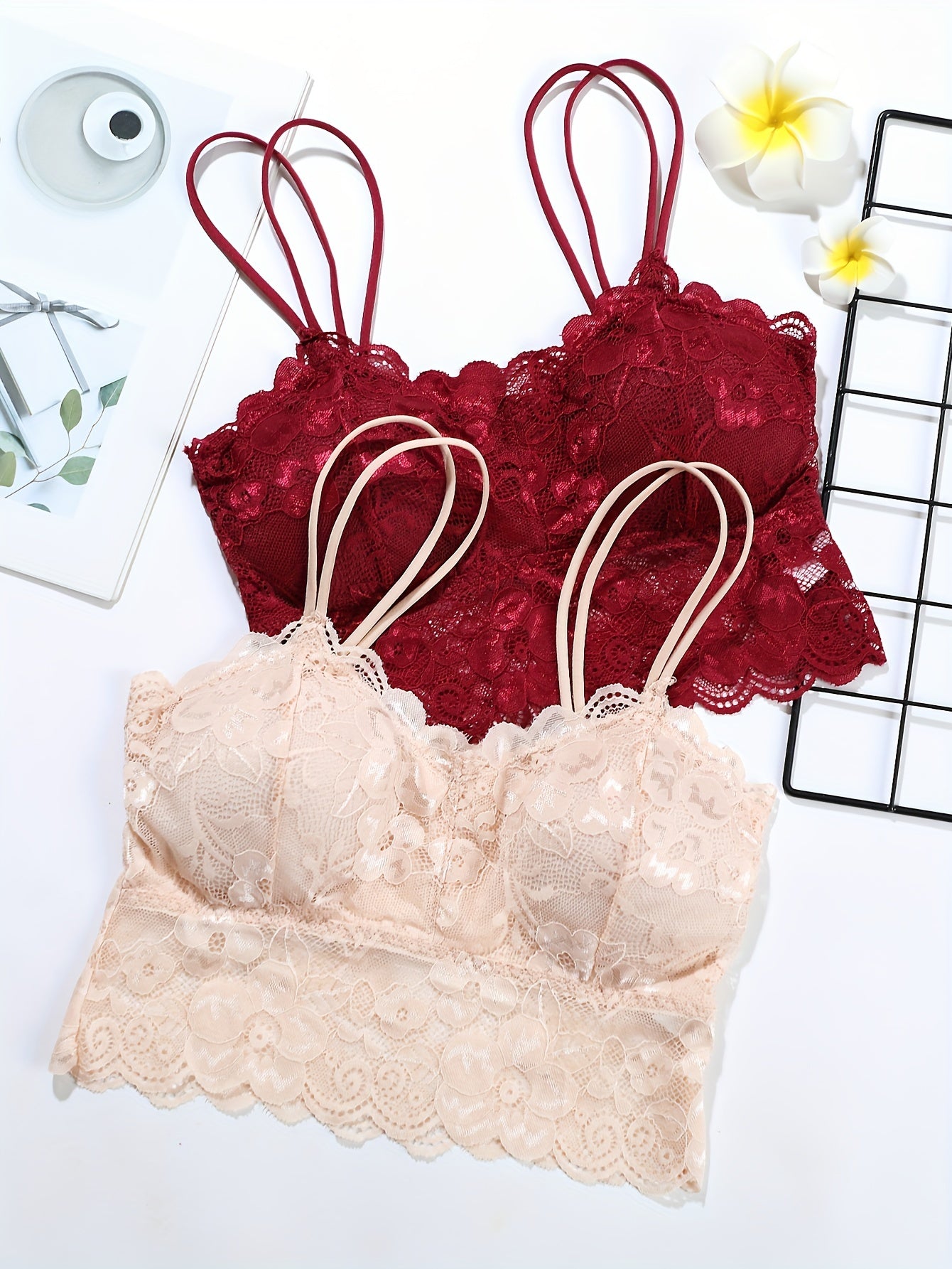 2pcs Floral Lace Wireless Bras Comfy & Breathable Women's Lingerie