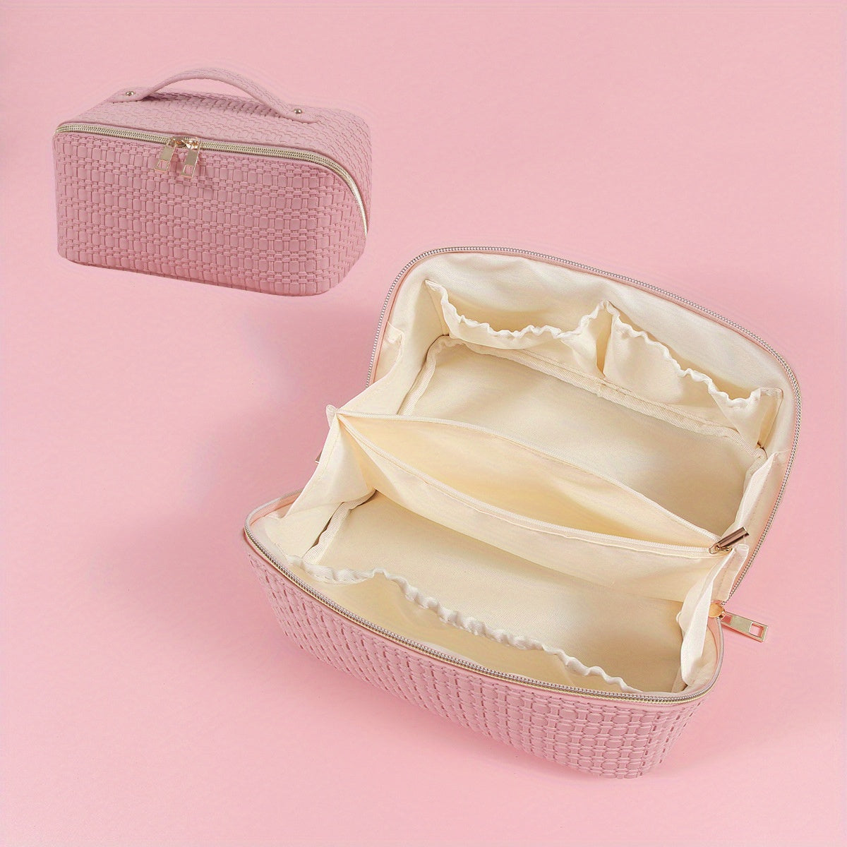 Embossed PU Leather Makeup Storage Bag Zipper Top Handle