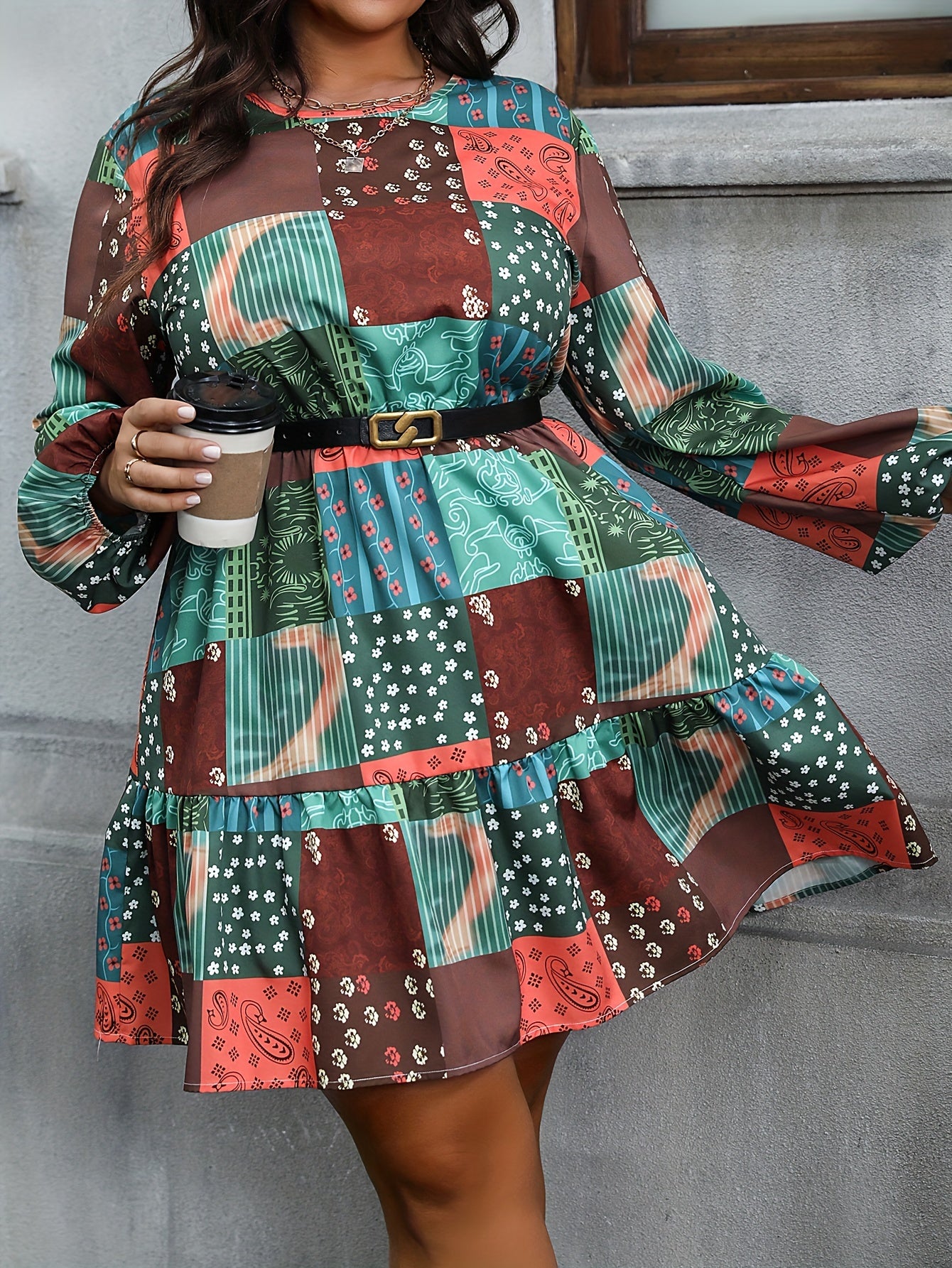  Colorblock Floral Print Lantern Sleeve Dress
