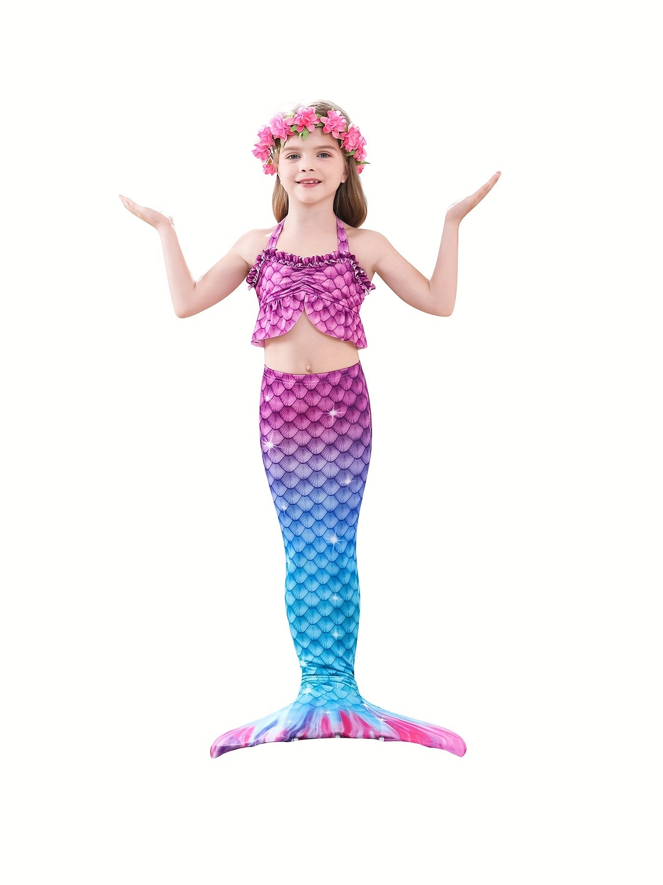 Girls Mermaid Swimsuit 3pcs Halter Bikini Set & Mermaid Tail
