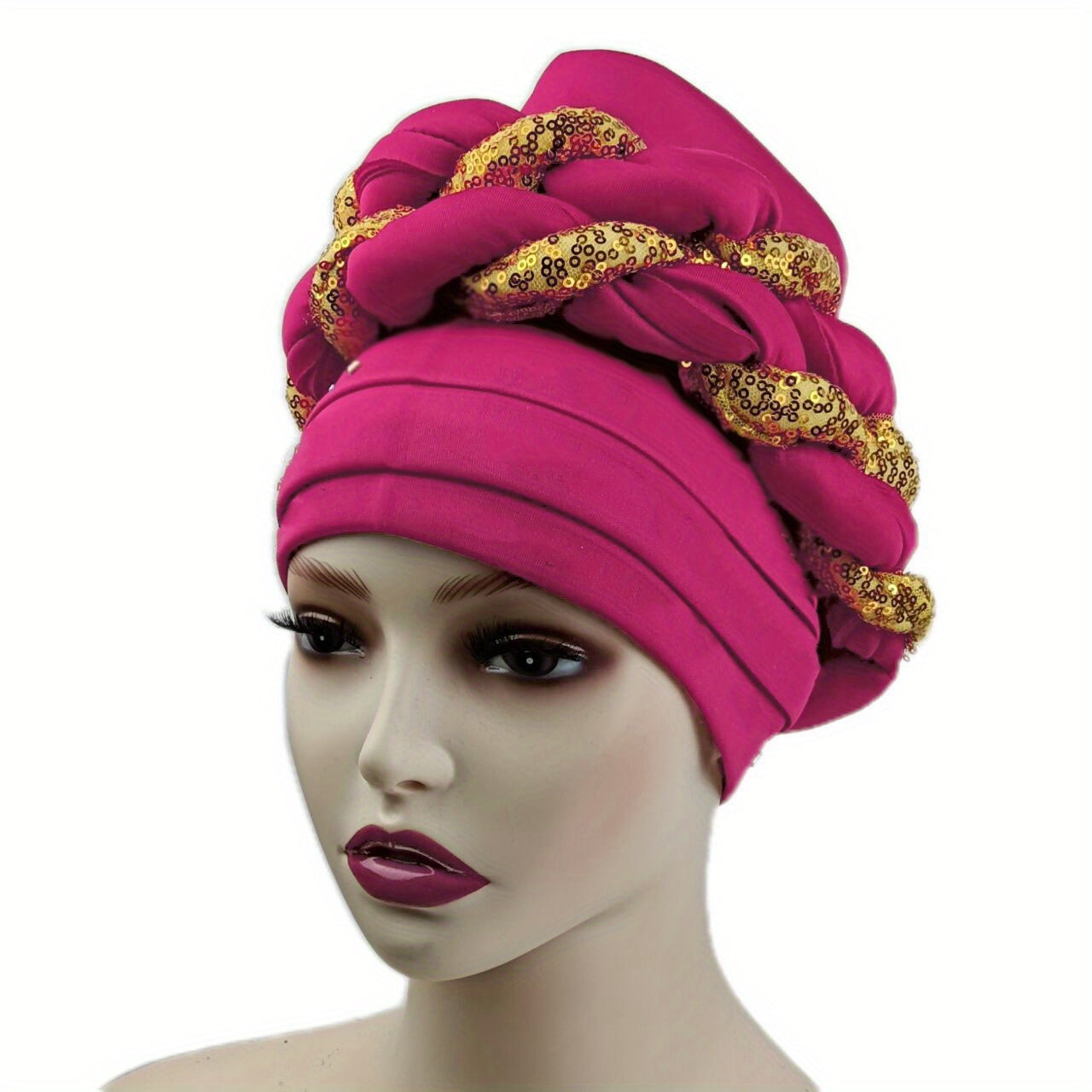 Sequin Braid Turban Cap Pleated Head Wrap Elastic Bonnet Chemo Hats