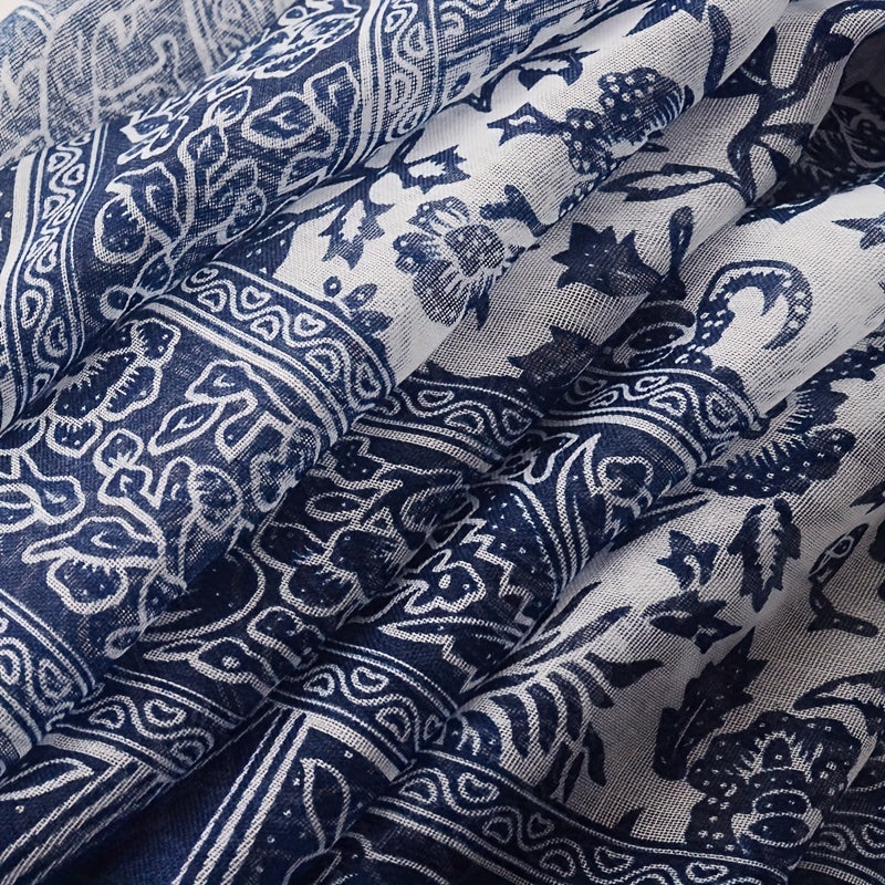Navy Floral Print Scarf Tassel Shawl Boho Windproof Head Wrap Sunscreen