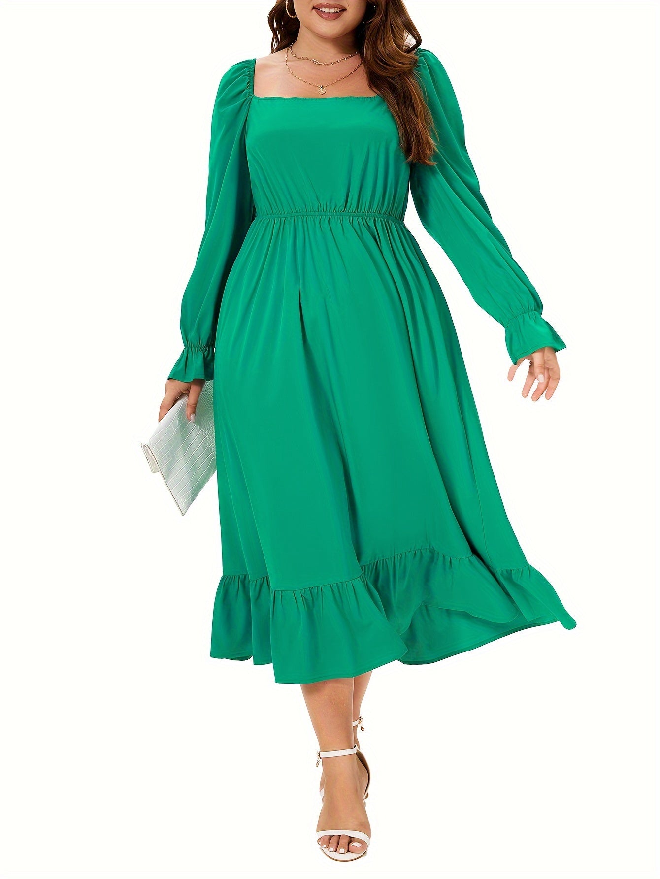  Solid Flounce Sleeve Square Neck Smock Dress