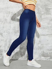 Dark High Waist Skinny Jeans Slim Fit Slash Pockets Stretchy Denim Pants