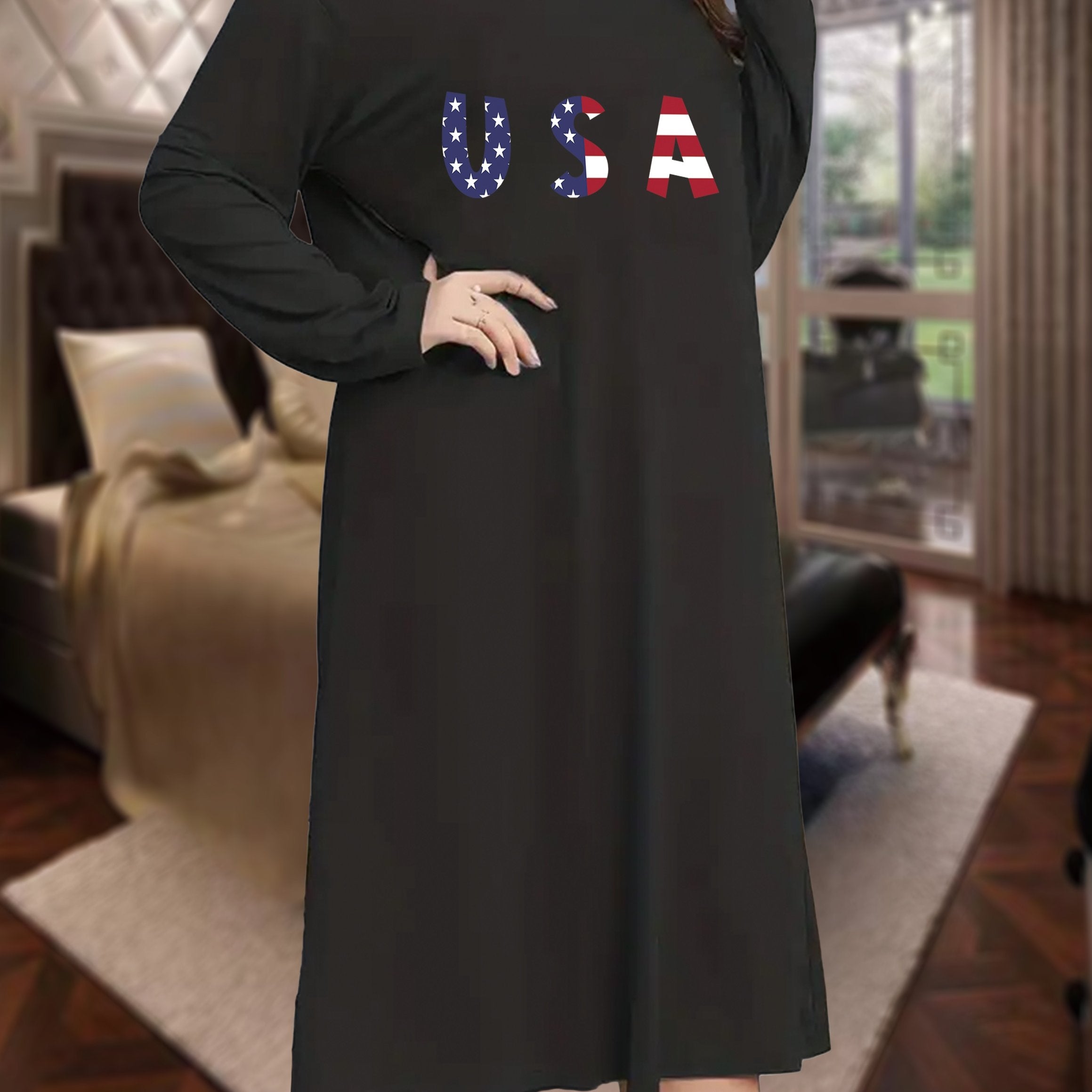  Nightdress Women's Plus Flag Print Long Sleeve Sleep Dress