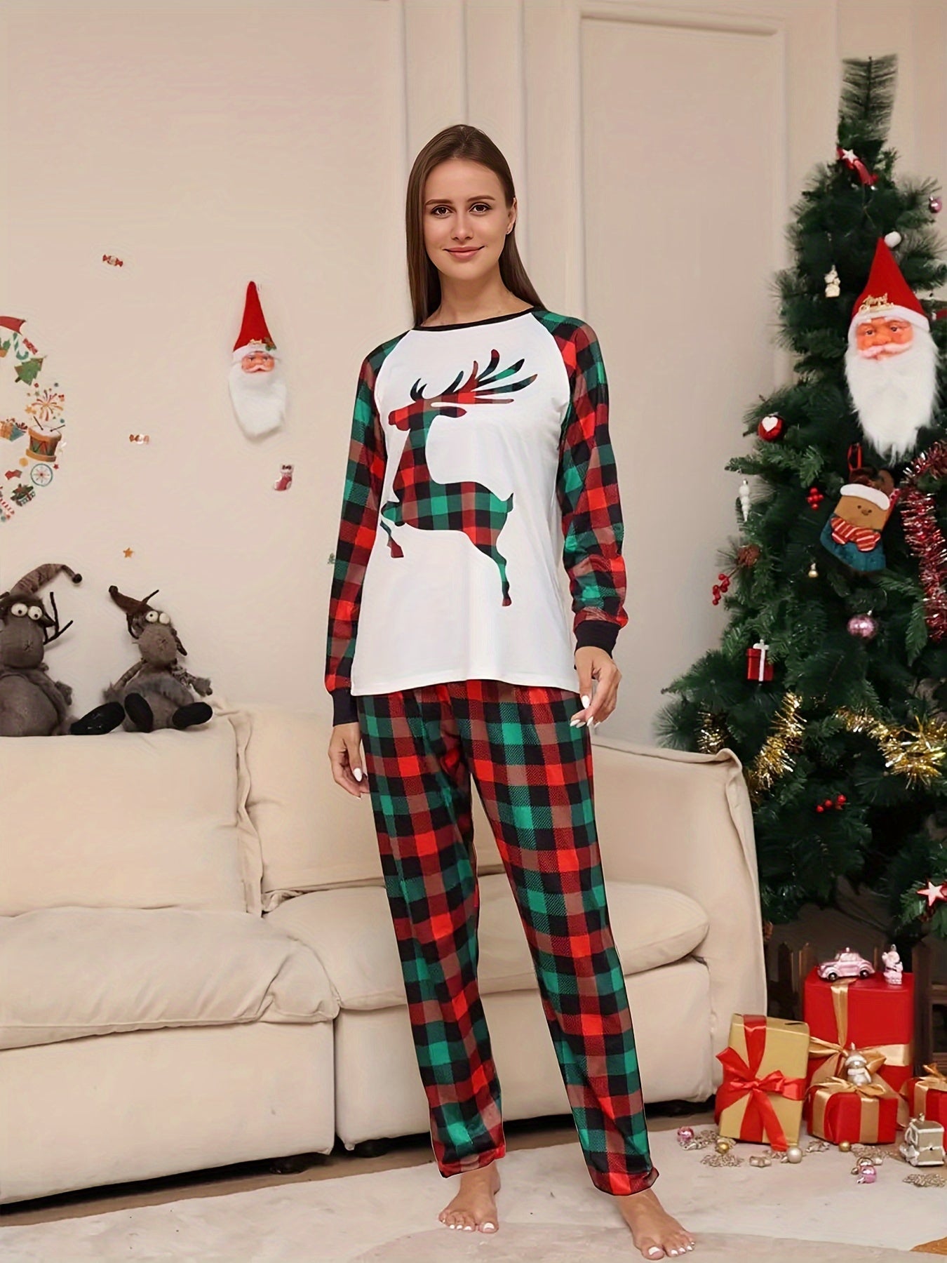 Christmas Elk Print Lounge Set Crew Neck Top & Plaid Pants Women's Loungewear