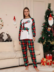 Christmas Elk Print Lounge Set Crew Neck Top & Plaid Pants Women's Loungewear