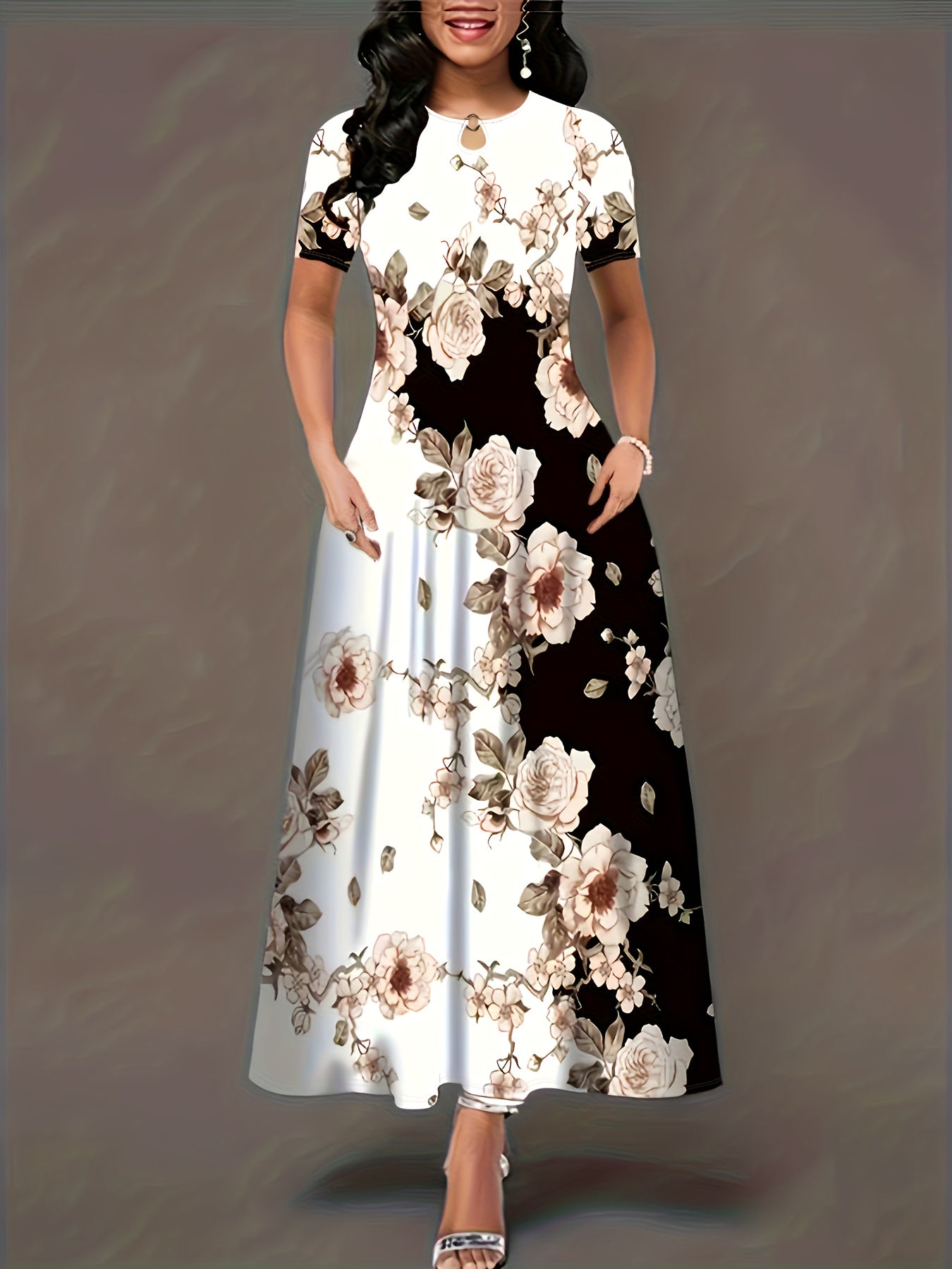  Colorblock Floral Print A Line Dress With Pockets