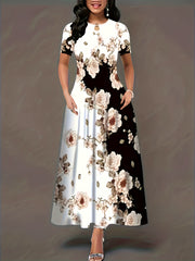  Colorblock Floral Print A Line Dress With Pockets