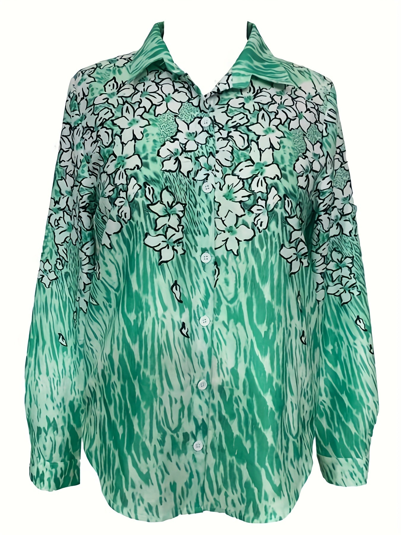  Leopard & Floral Print Button Up Long Sleeve Blouse