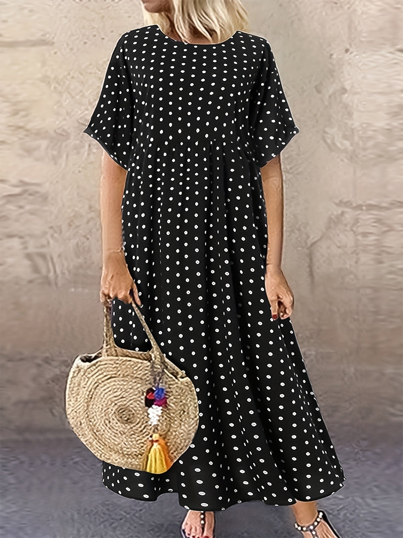  Boho Polka Dot Print Ruched Dress