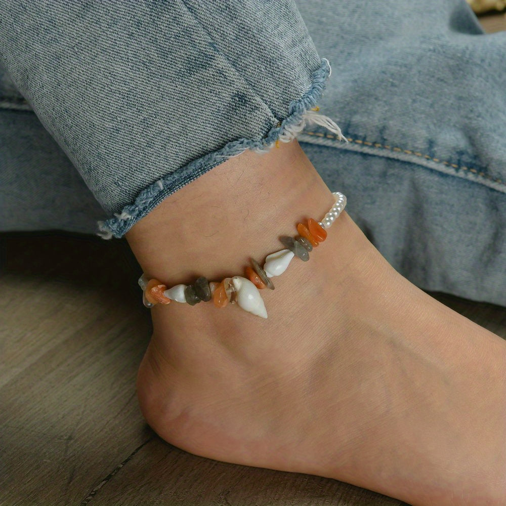Ocean Style Shell Pendant Beaded Anklet Adjustable Ankle Bracelet