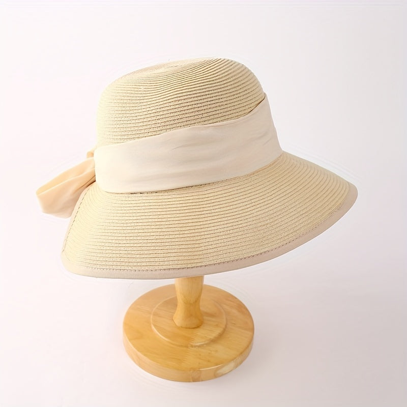 Bowknot Ribbon Sun Hat Wide Brim UV Protection Straw Hats Classic Summer